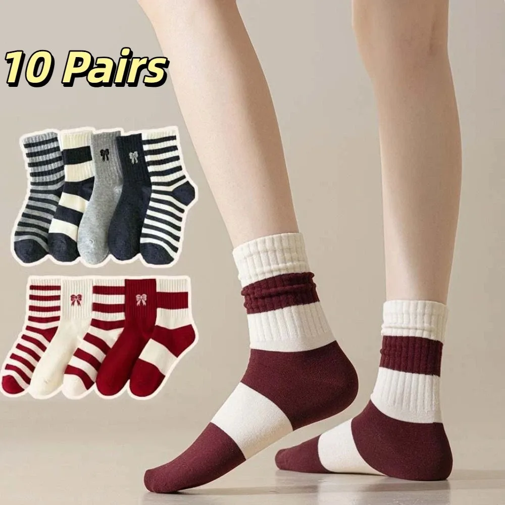 

10Pairs Cute Patchwork Embroidery Bow Socks Non-slip Breathable Preppy Style Socks Cotton Sweet New Year Christmas Socks School