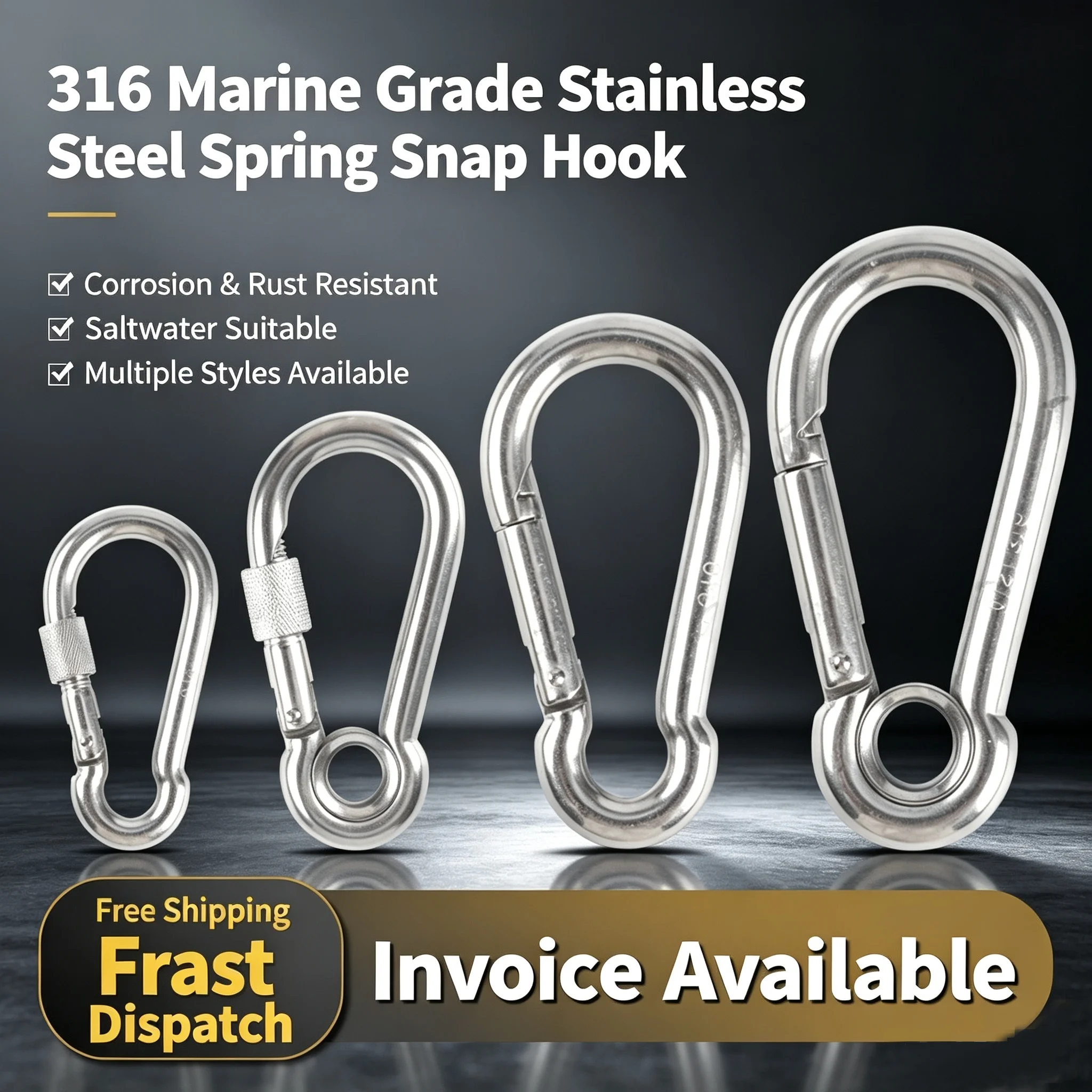 10PCS 316 Marine Grade Stainless Steel Spring Snap Hook Carabiner With Hole Safety Buckle With Nut Ring For Leash Chain Clasp