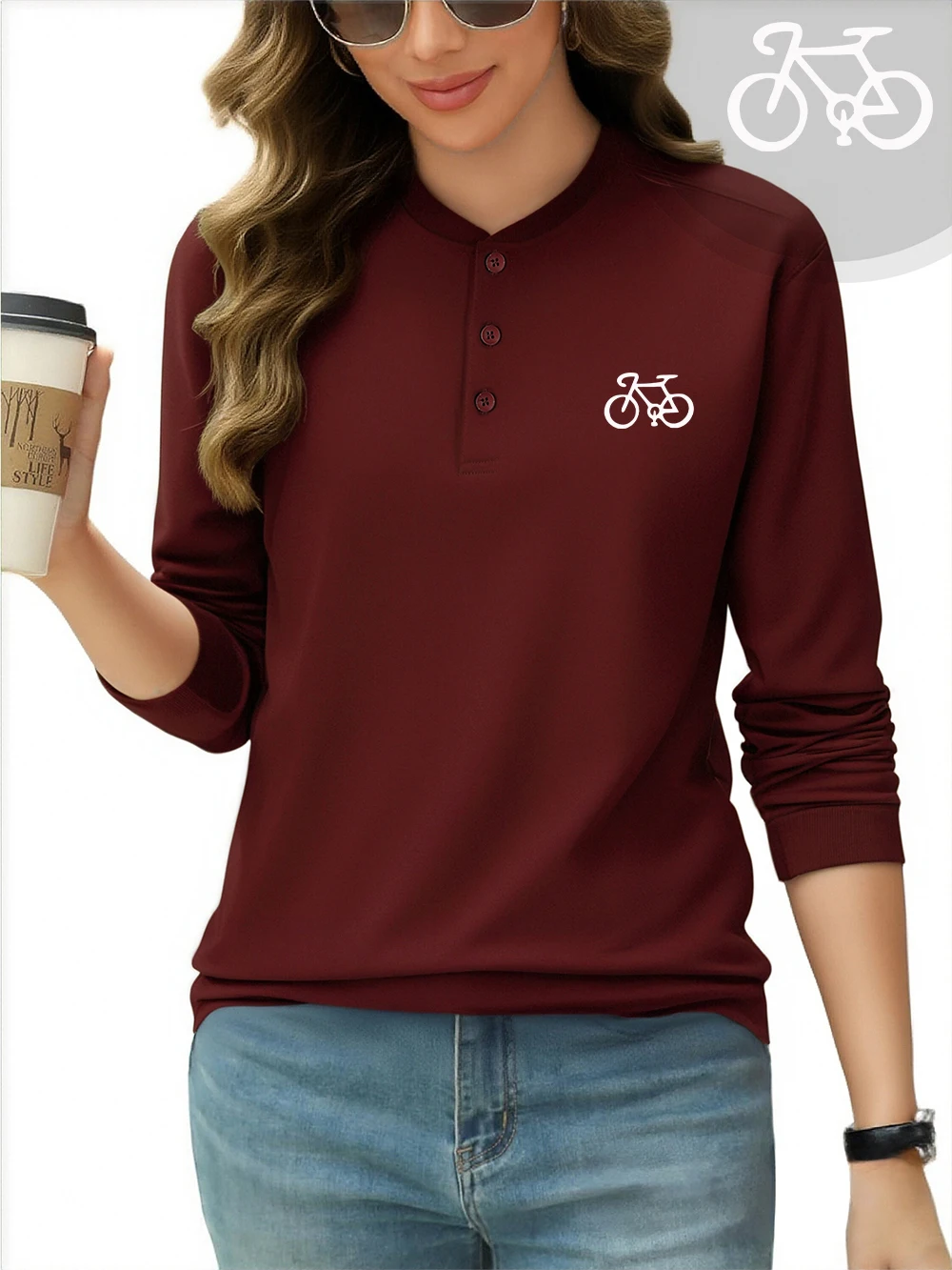 

Simple Bicycle Printing Cotton Henley Shirt Womens Winter Casual Tops Warm Long Sleeves T-Shirts Fashion Breathable Golf Shirts