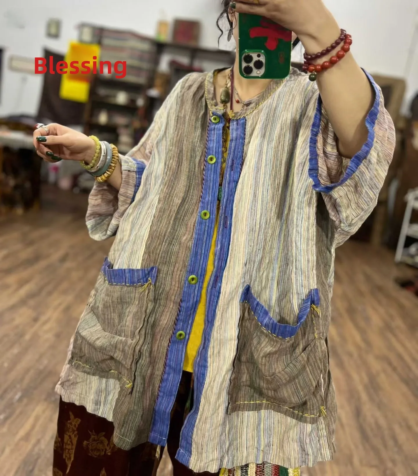 

Женский кардиган-пальто из чистого льна с винтажным узором и пэчворком, свободного кроя, комфортный, дышащий, с рукавом 3/4