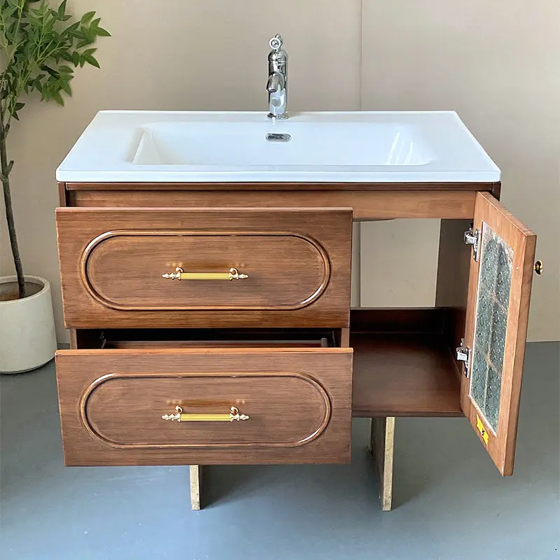 

French retro style bathroom cabinet combination bathroom rock slab seamless hot bending washstand ceramic integrated basin
