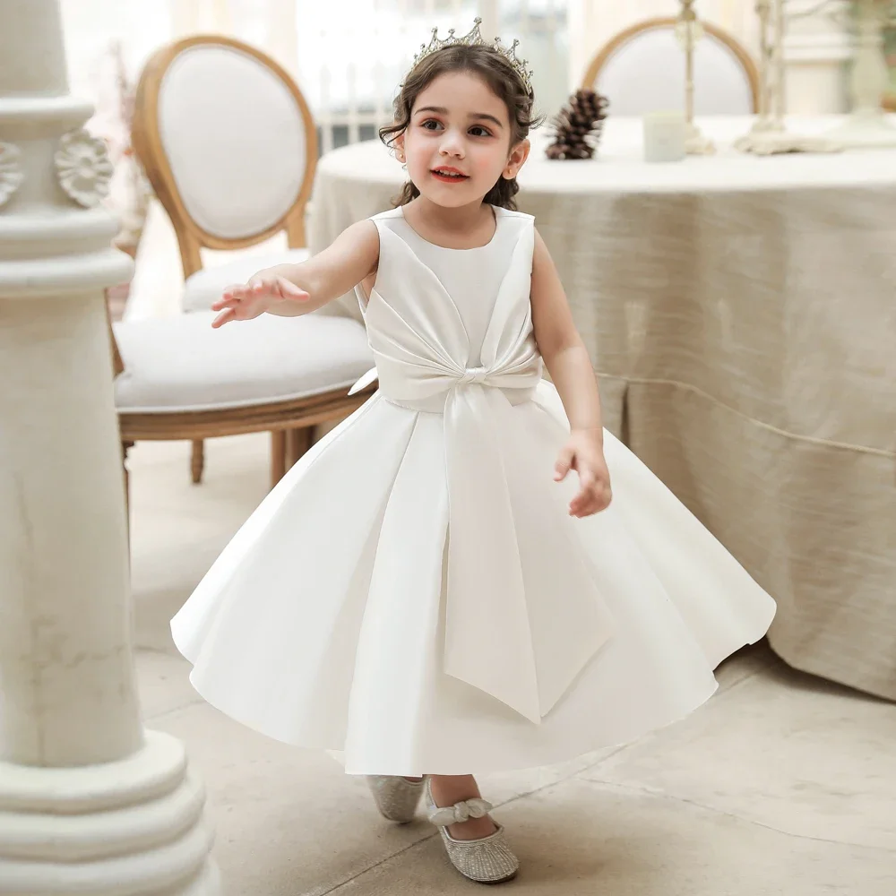 Baby Girls Wedding Party Dresses 4 Colors 70cm-120cm Children Birthday Satin Skirt White Pink Vestidos Princess Ball Gown