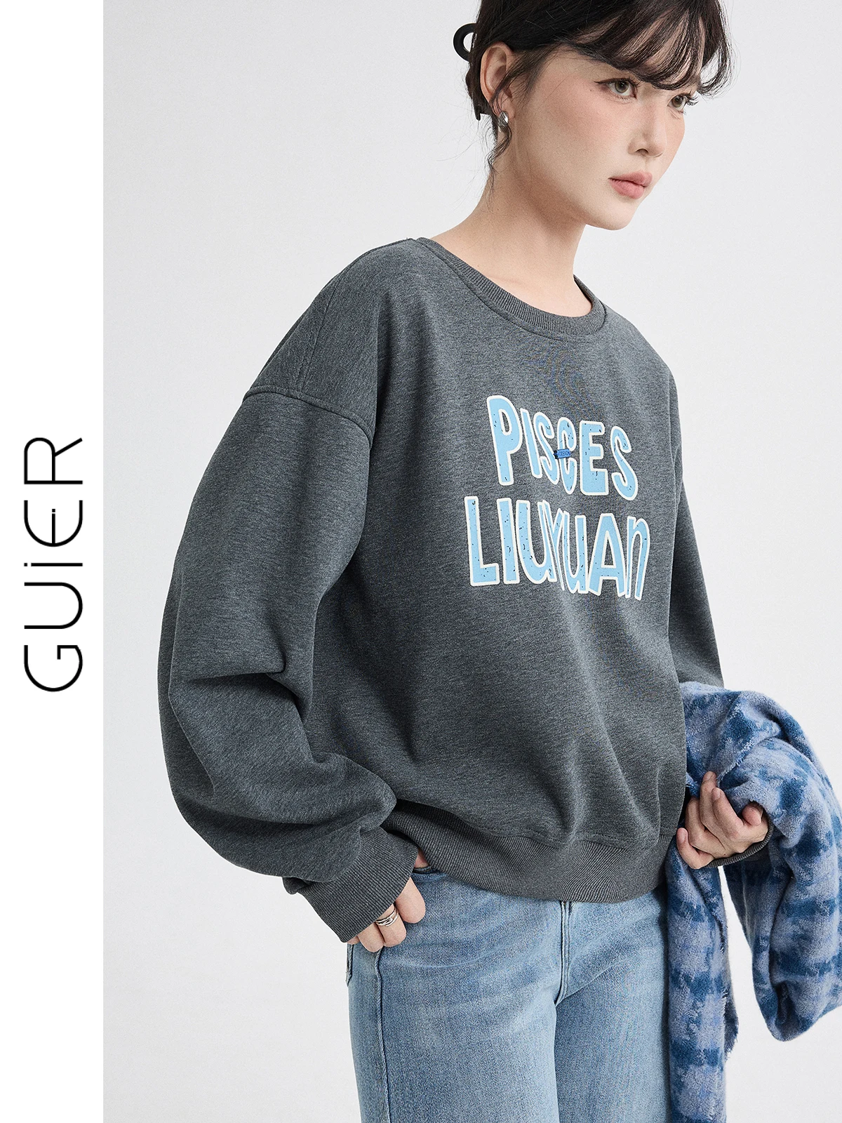 

Guier Fce Lined Hoodie Women's Casual Sle Letter Print Slimming Loose Top Winter 2025 New Collection Versatile Comfortable