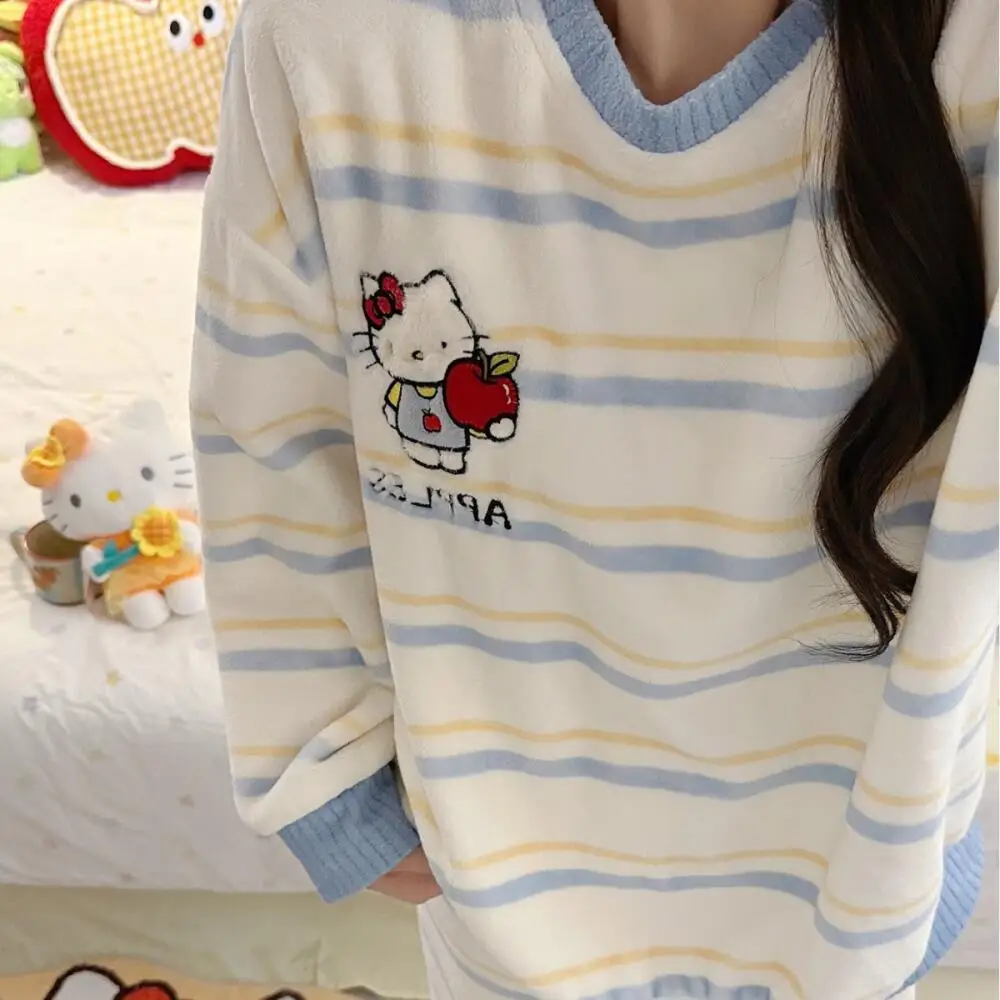

Sanrio Hello Kitty, женский зимний пижамный костюм, фланелевой осенний женский коралловый бархат, утепленная теплая домашняя одежда, одежда для отдыха для девочек