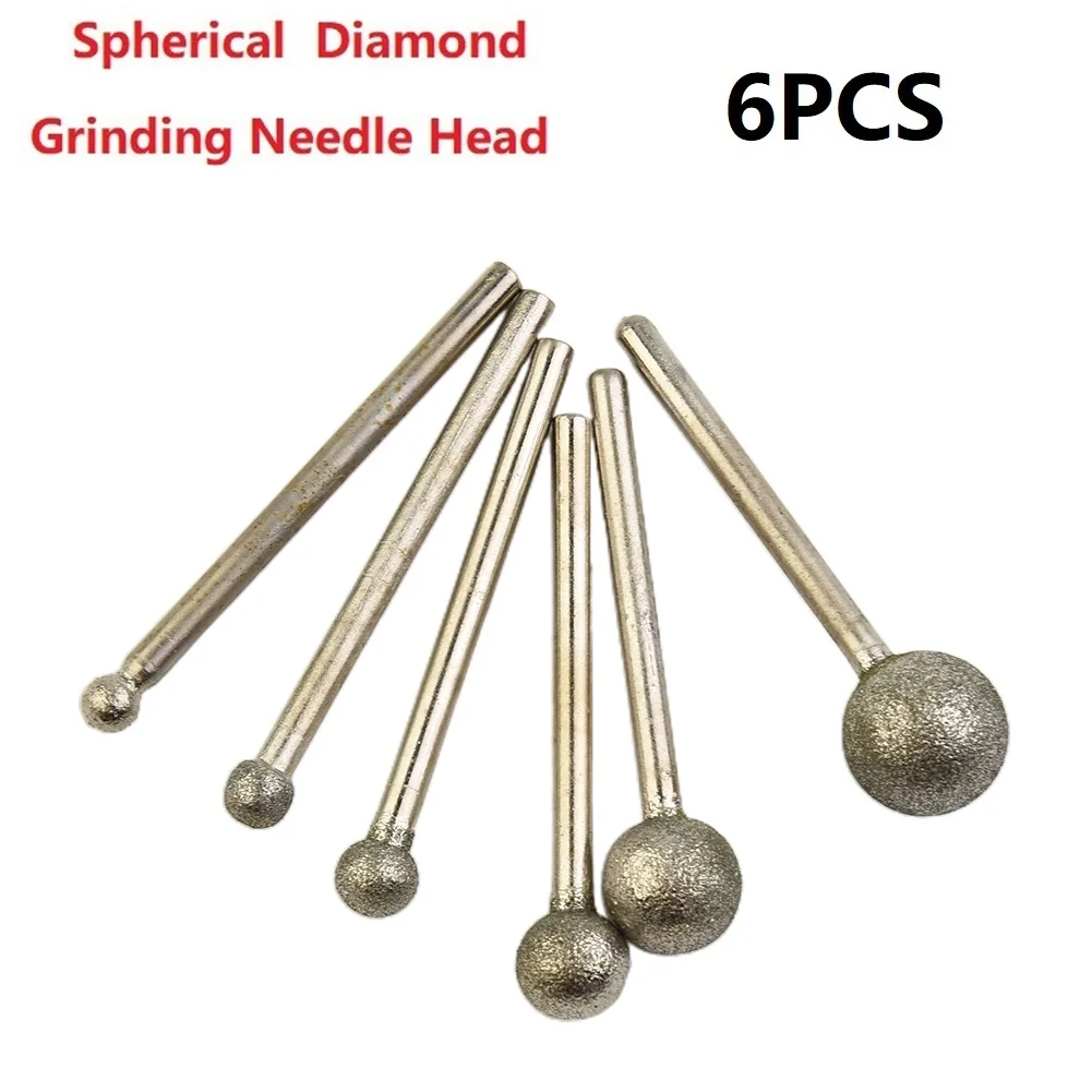 

6pcs Diamond Round Ball Burr Drill Bits For Carving Engraving Drilling 4/5/6/8/10/12mm Grinding Needle Head Rotary Tools