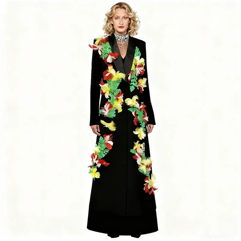 

Women's Black Long Trench Coat with Colorful Feather Embroidery Korean Fashion Elegant Dressy Blazer Jacket New Arrival In Stock