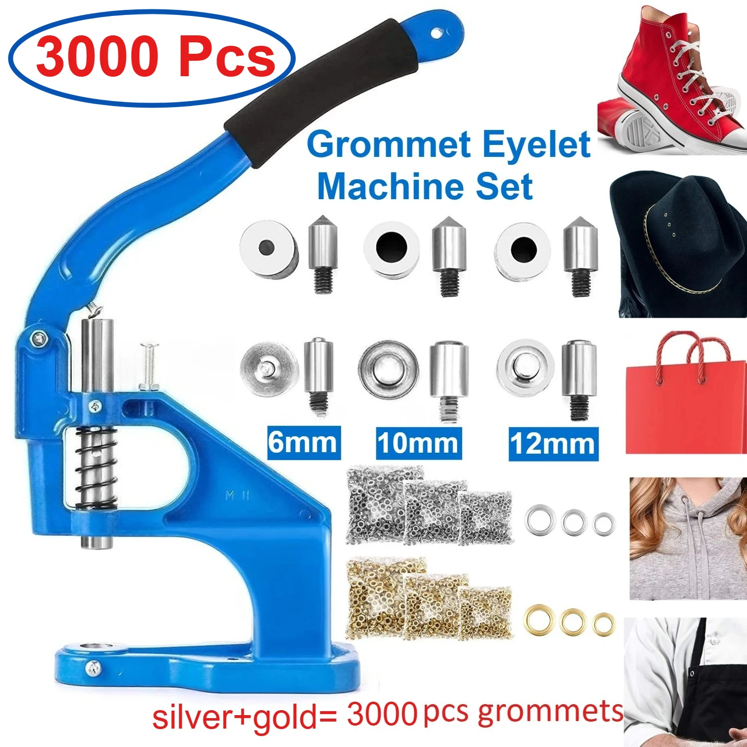 

Grommet Eyelet Machine Including 3 Punching Dies 3 Ferrule Dies and 3000pcs Gold and Silver Grommets for DIY Curtains Punching