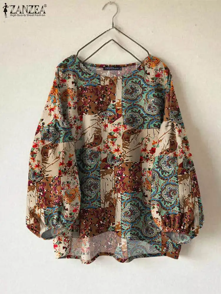 Jesienne topy damskie 2024 ZANZEA Bohemain Koszula z długim rękawem i kwiatowym nadrukiem Casual Loose O Neck Blusas Vintage Work Blouse Oversize