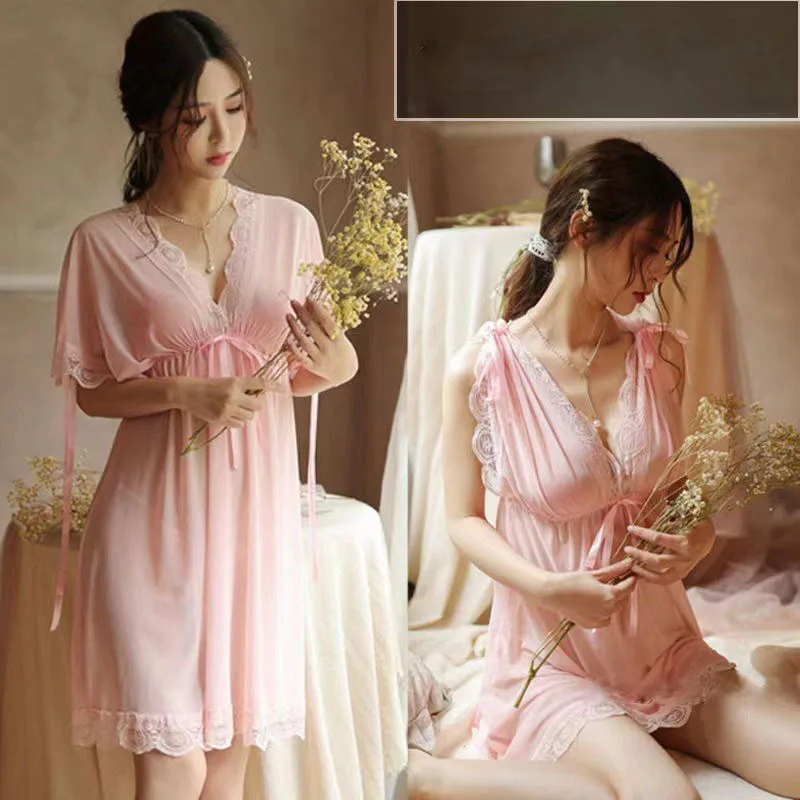 Fashion Sexy Deep V Backless Nightdress Transparent Lace Up Nightgown Womens Fun Lingerie Dress Spaghetti Strap Sleeping Dress