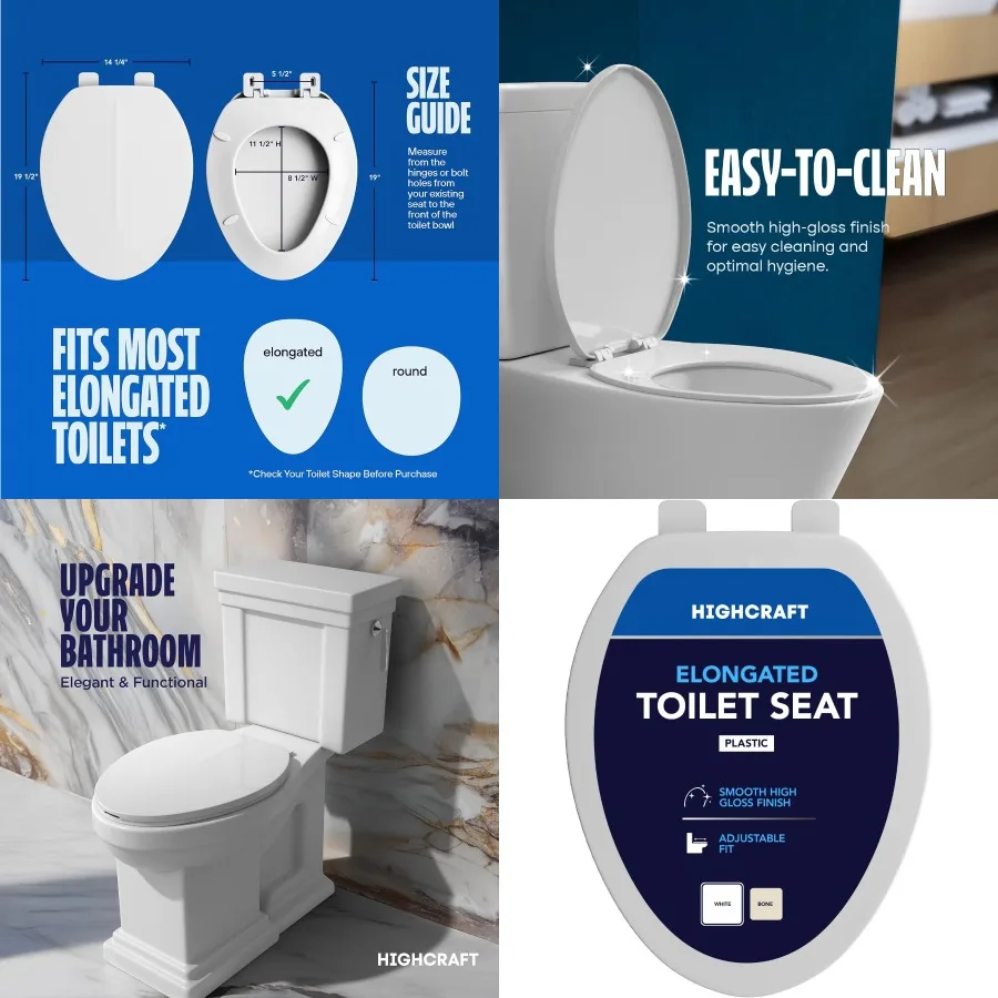 

Premium Elongated Toilet Seat with Adjustable Hinges for Standard Elongated Toilets Molded Plastic Oval Seat in White Easy Inst