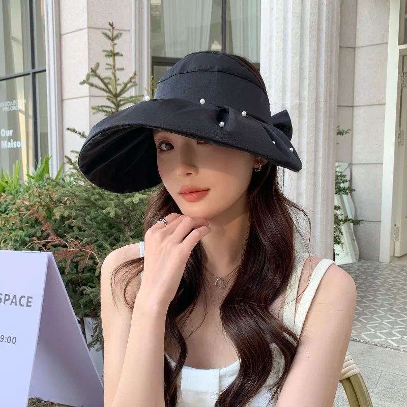 1pc Korean Sun Protection Pearl Bucket Hats for Women,outdoor Anti-UV Windproof Big Brim All-match Sun Hat for Summer Spring