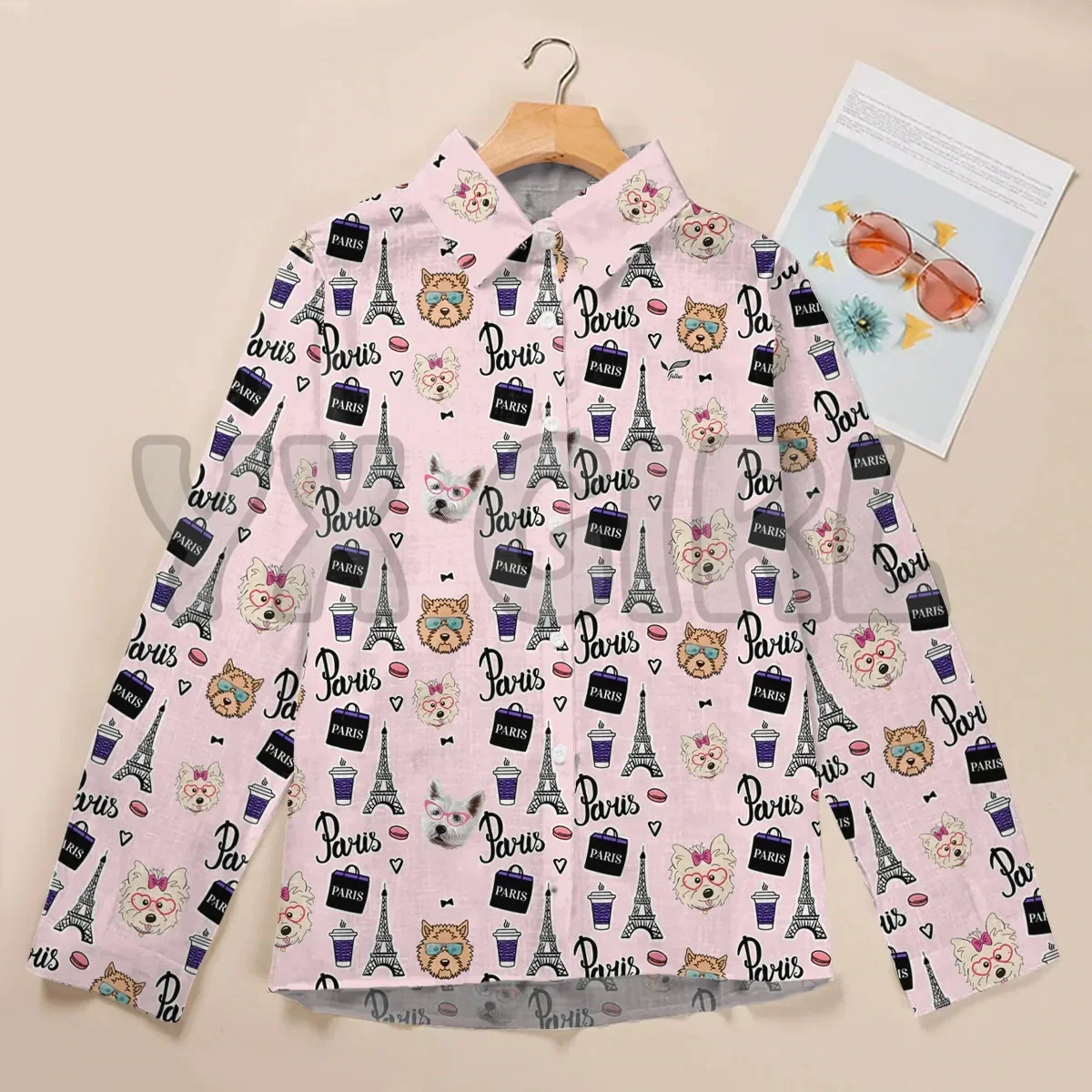 YX GIRL Paris And Cairn Terrier Women's Long-Sleeve Shirt 3D Printed Button-down Shirt Casual Unique Streewear
