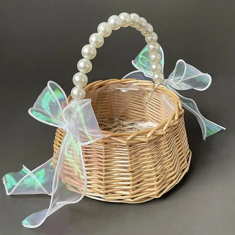 Wicker Rattan Flower Child Basket with Pearl Handle and Bowknot Hand Woven Flower Basket Wicker Basket for Wedding Party