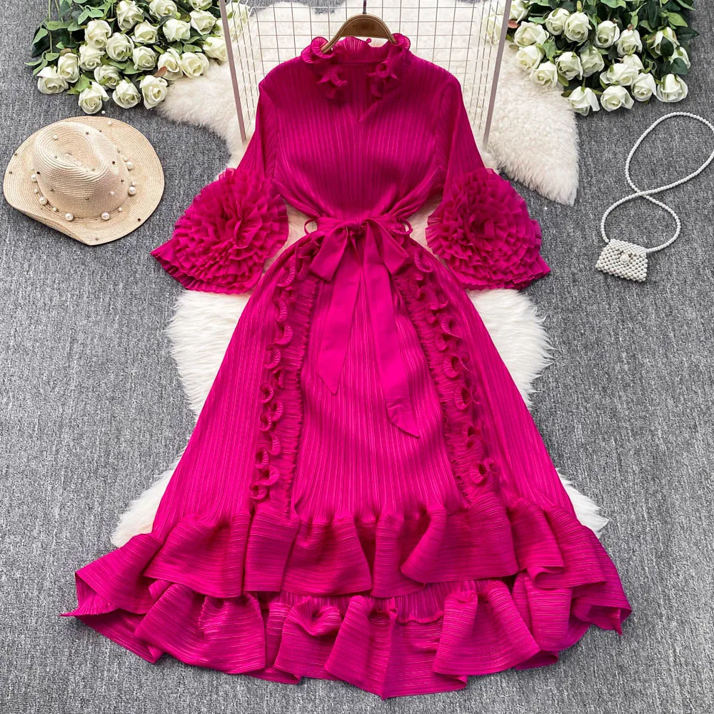 Miyake plissado cor sólida vestido feminino nicho luz vento maduro tridimensional flor cintura fina pingente vestido roupas