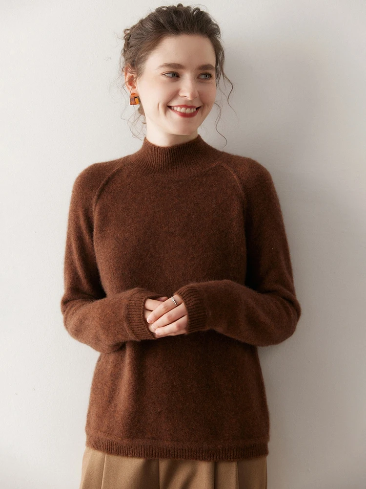 Meetcc feminino 100% cashmere cor sólida pulôver mock neck camisola outono inverno macio aconchegante topos de manga longa jumper casual