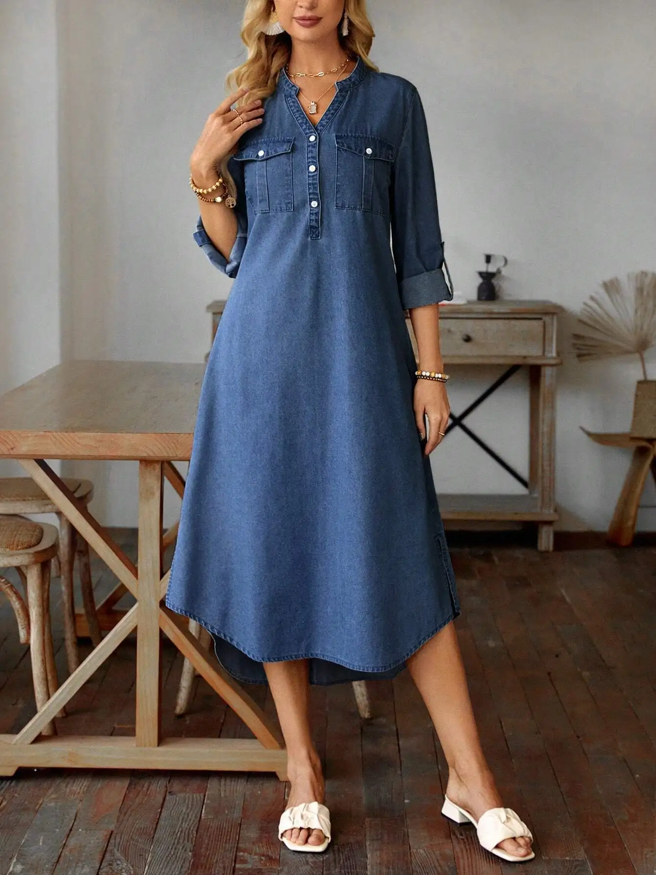 

Solid Color Asymmetrical Hem Denim Dress With Notched Collar