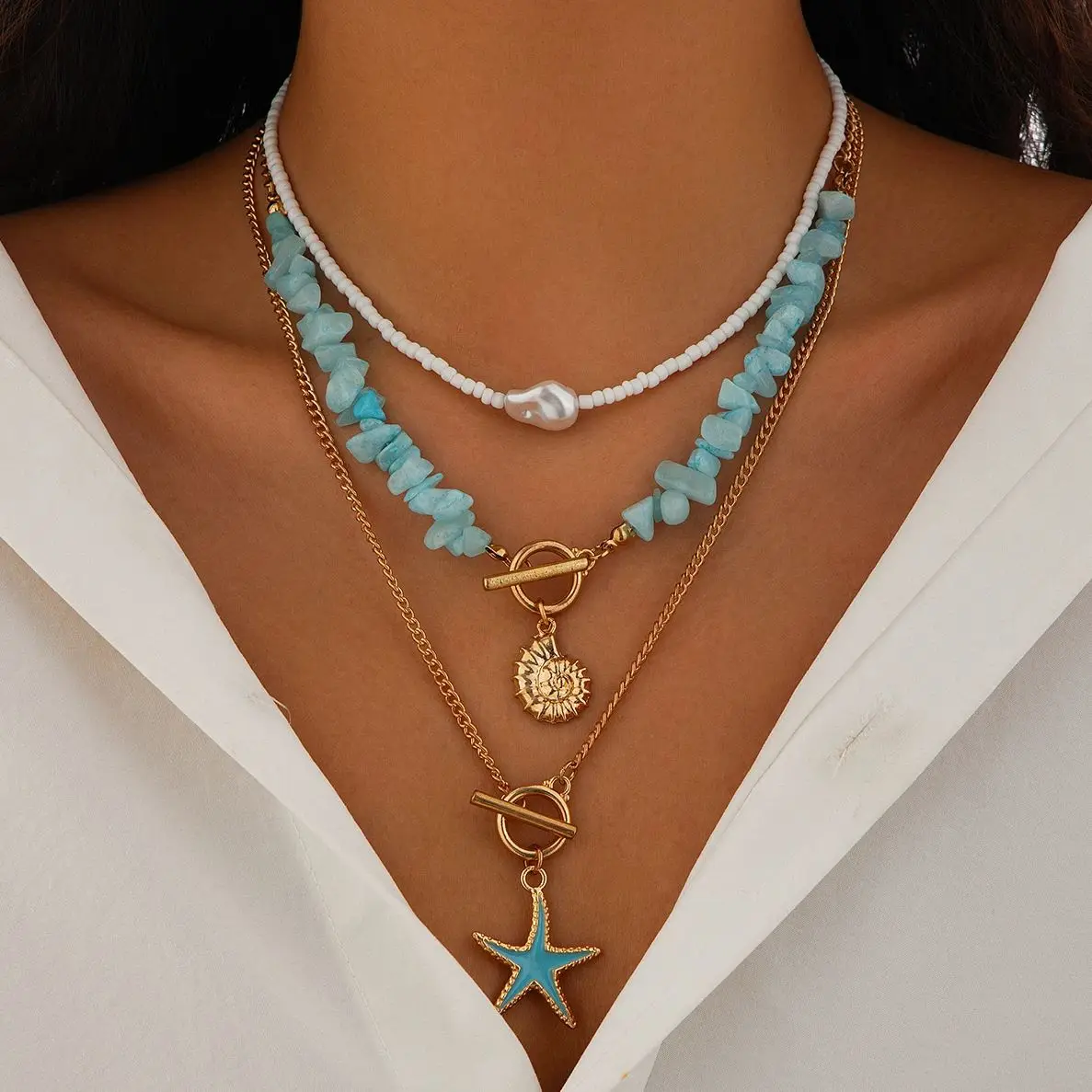 

SHIXIN 3Pcs/Set Irregular Blue Natural Stone Chain Necklace Women Boho Conch Starfish Pendant Necklace Y2K Jewelry Beads Choker