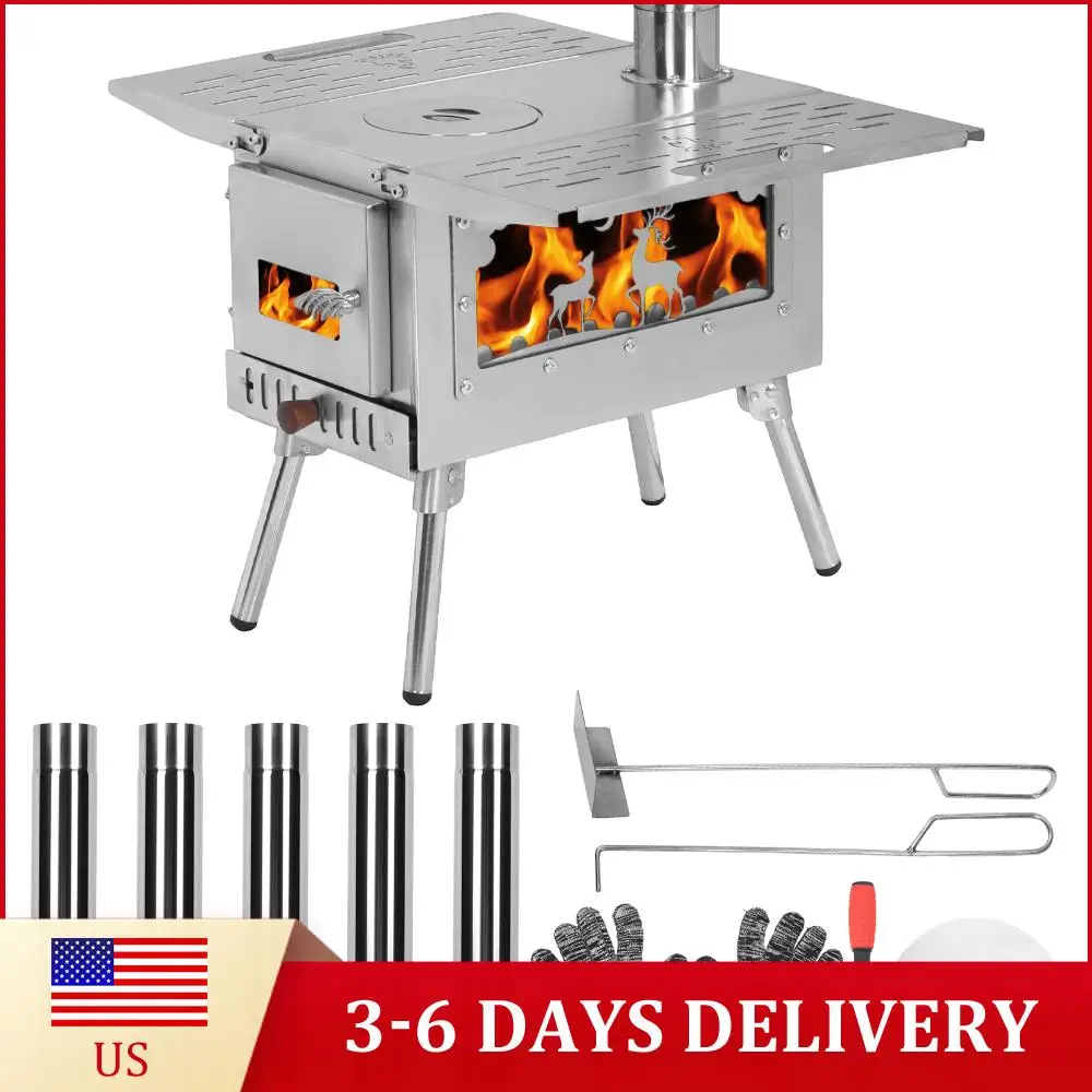 

Hot Tent Stove with Stainless Steel Construction Wood Burning Tent Stove Chimney Pipes Included for Outdoor Cooking & Heating