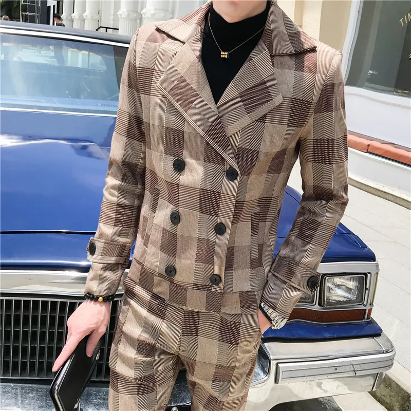 

Korean Fashion Two-piece Set (jacket+pants) Plaid Casual Business Suits Handsome Groom Wedding Suits for Men Blazer Trousers