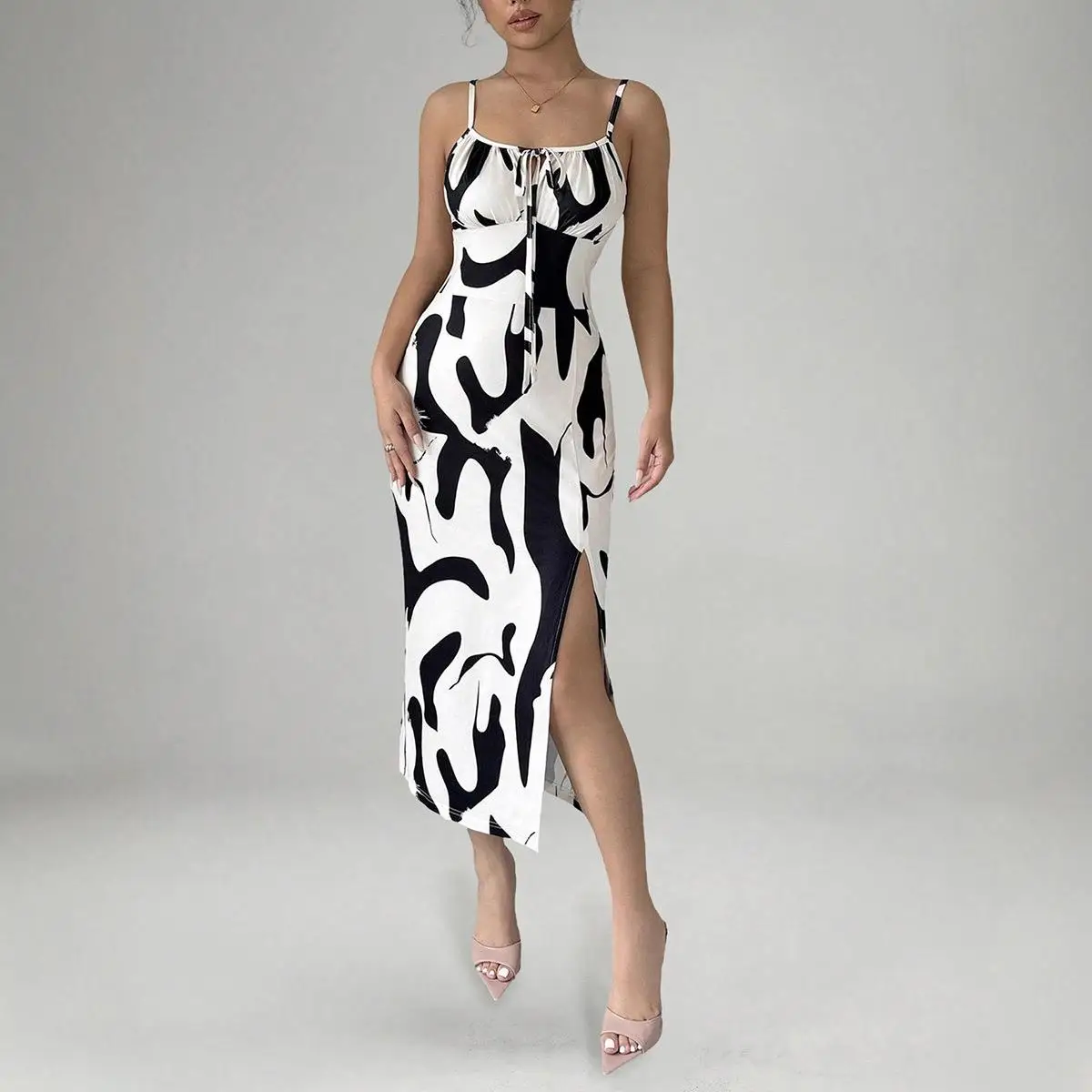 

Summer Printed Camisole Dress Slit One Step Skirt Cute Style No Brand Registered Trademark mid Waist No Sleeve Dress