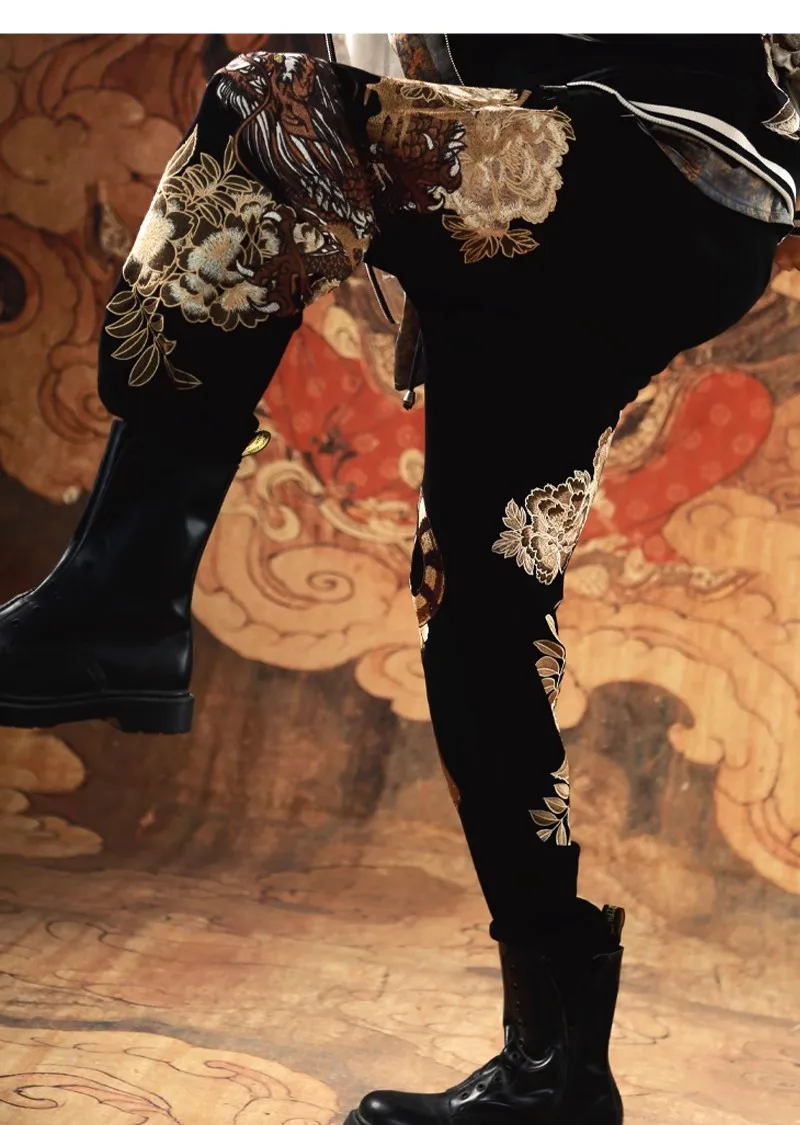 الفاوانيا النمر الرجال الفتيان حجم كبير العمل الثقيل التنين المطرزة السراويل كامل طول السراويل #4