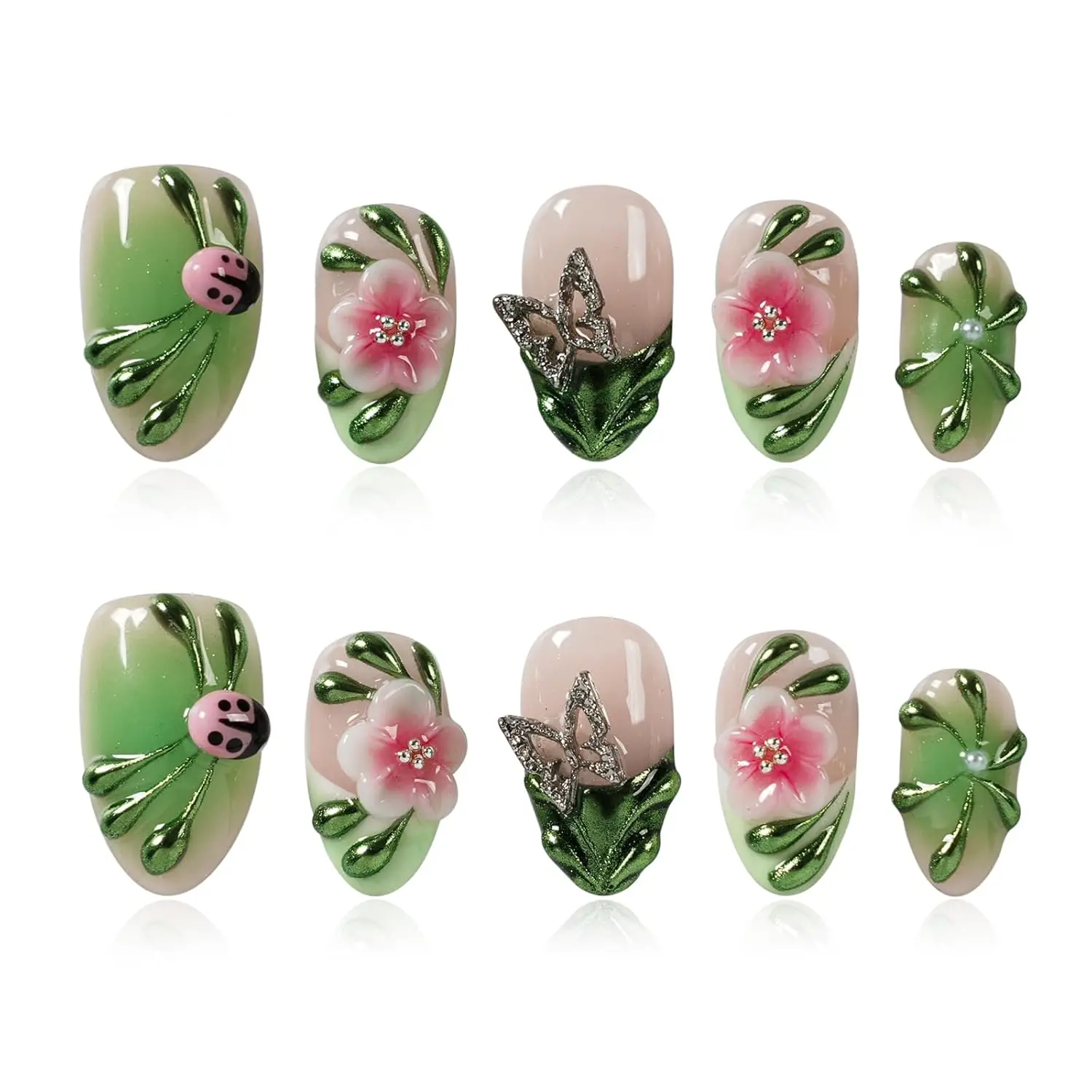 

Накладные ногти с миндалевидной формой, ручной работы, с 3D цветами, металлическими бабочками, зеленым хромированным дизайном и узором божьей коровки, французский дизайн, короткие.