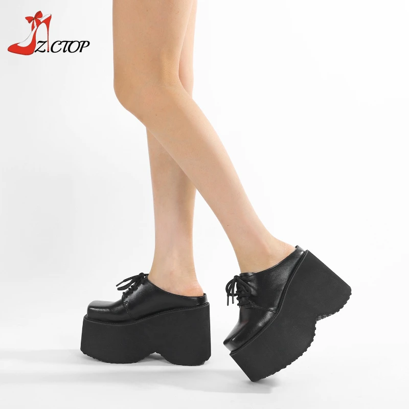 Black Platform Sandals Wedge High Heels Women Closed Toe Chunky Slippers Mules Outdoor Slip On Gothic Punk Shoes Big Size 42 43