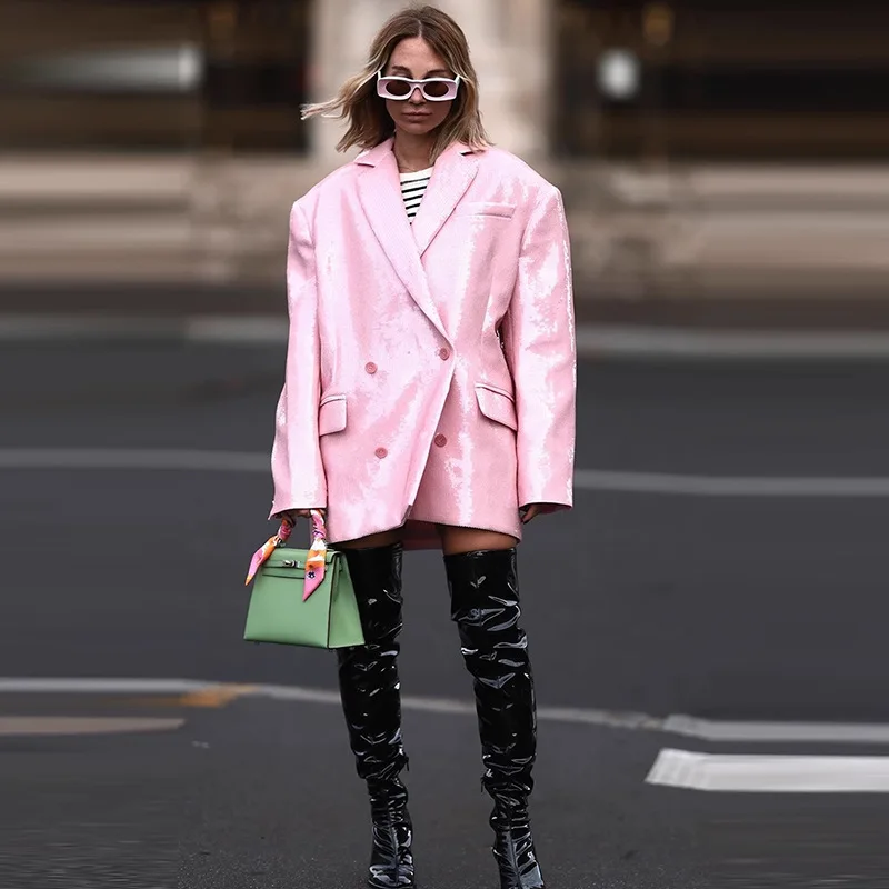 

New high-end suits for spring and autumn, fashionable pinkish pink sequins, double-breasted loose jacket skirts, women's suits