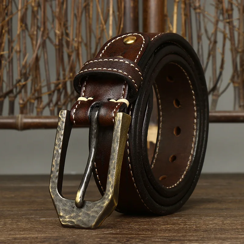 

3.8CM Wide Pure Cowhide Thick Genuine Leather for Men High Quality Jeans Brass Buckle Belts Cowboy Waistband Male Fashion Design