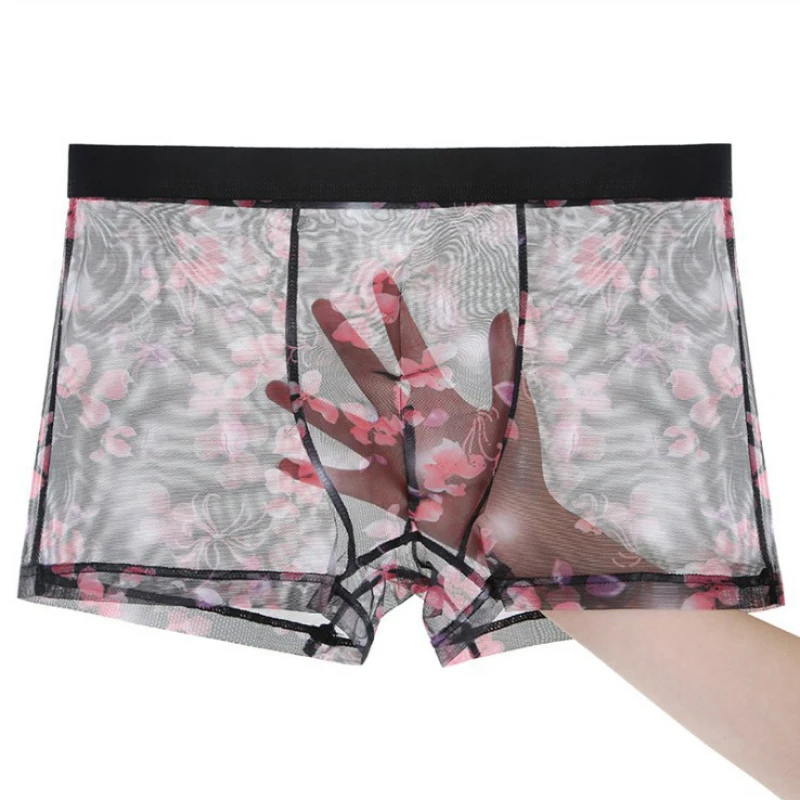 Man Lace Mesh Full Transparent Broken Flower Breathable Ice Silk Seamless Underwear High Elasticity U Pouch Bag Soft Boxers