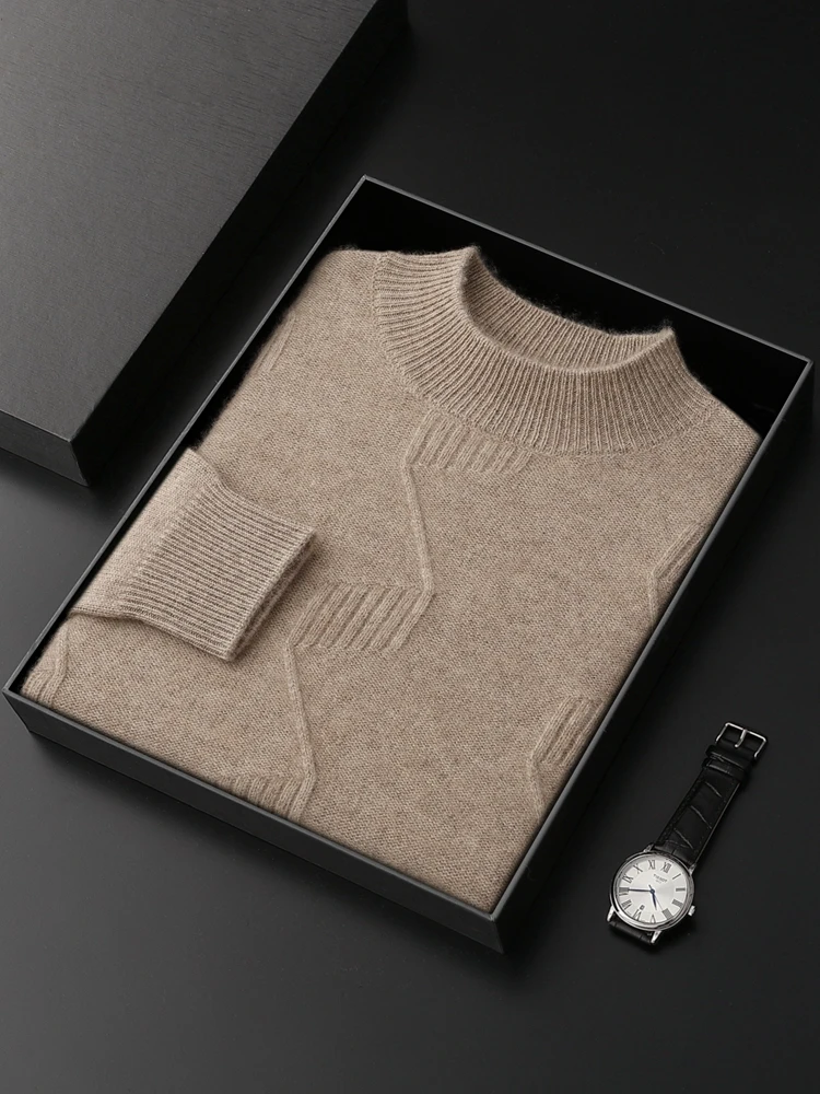 Men's Mock Neck Cashmere Sweater Autumn Winter Jacquard Thick Pullover 100% Cashmere Knitwear Long Sleeve Smart Casual Clothing