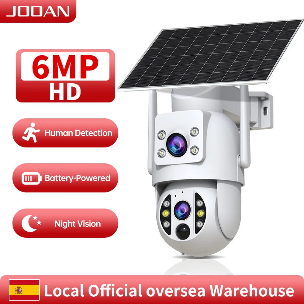 Cámara Solar WiFi JOOAN de 6MP para Exteriores, Pantalla Dual, Detección Humana, Visión Nocturna, Cámara IP de Bajo Consumo, Cámara de Seguridad con Batería
