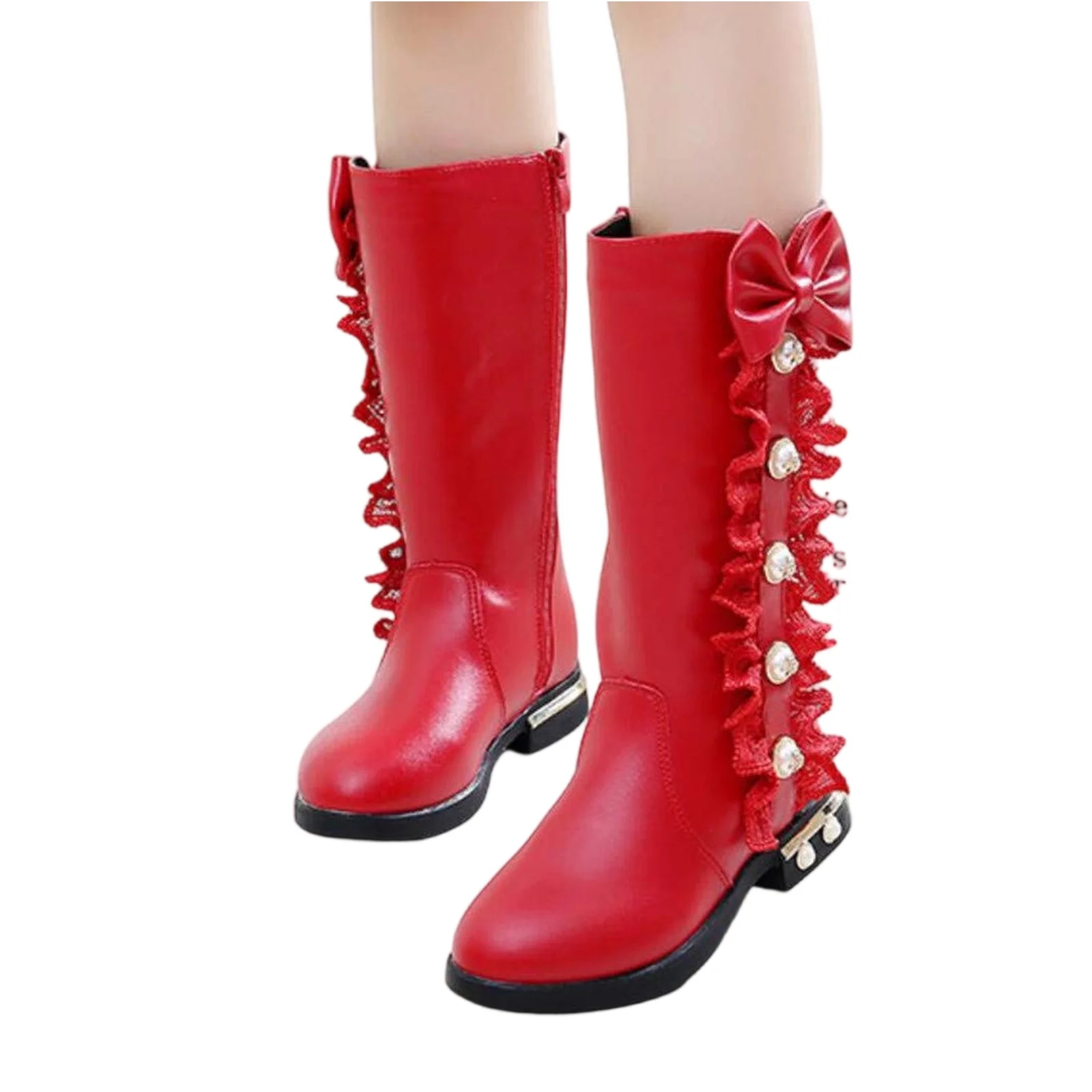 Girls Children Princess Shoes Pearl Lace Trimmed Sweet Boots Pure Color High Top Long Boots Low Heeled Studded Fashion Shoes