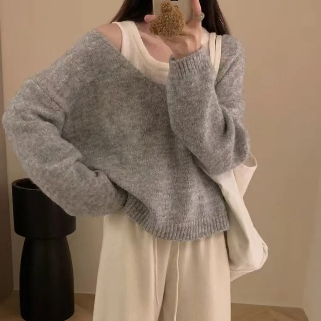 

Elegant V-neck Women's Sweater Loose Pullover Soft Waxy Material Autumn Winter Top Two-Piece Suit New Arrival