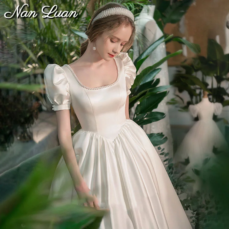 2026 Square Neck Satin Wedding Dress Puff Sleeve A-Line Tea-Length Bridal Gown Vestidos de Novia Customized