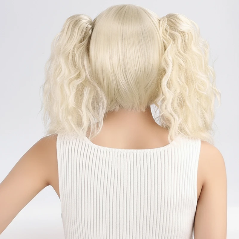 كاميلا أوف وايت مزدوج ذيل حصان مشبك فم النمر مع الانفجارات، شعر مستعار نسائي للفتيات شعر مستعار من الألياف الاصطناعية