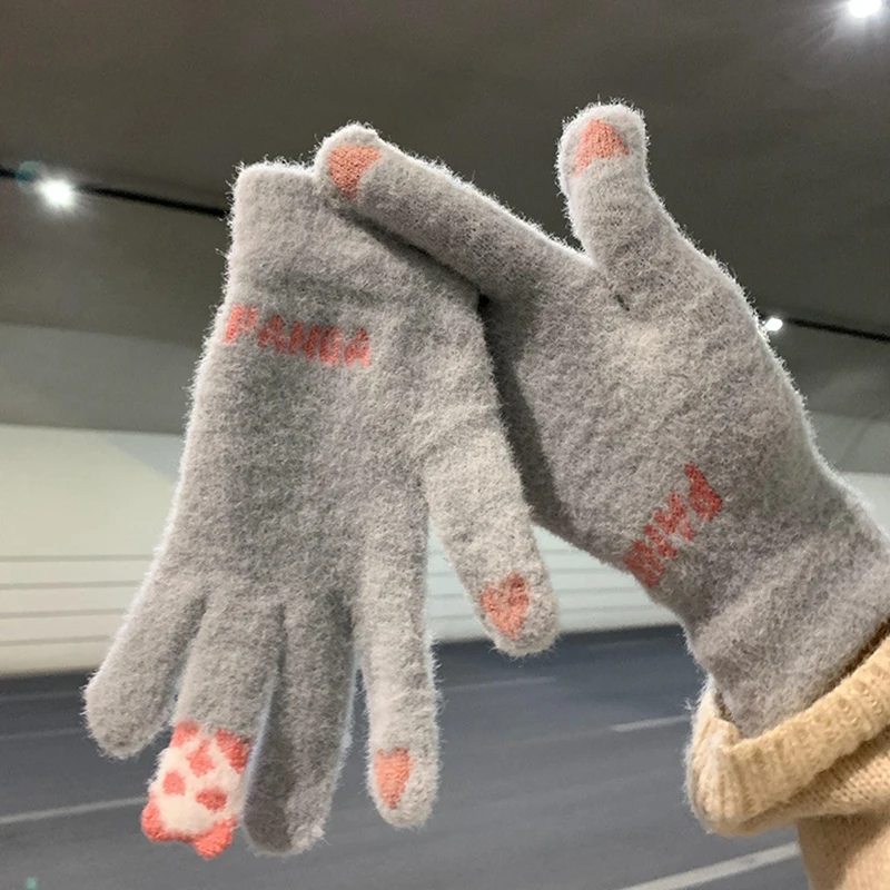 1Pair Fashion Winter Knitted Five Finger Gloves Plush Warm Cold-proof Gloves Women Outdoors Cycling Riding Gloves Ski Gloves