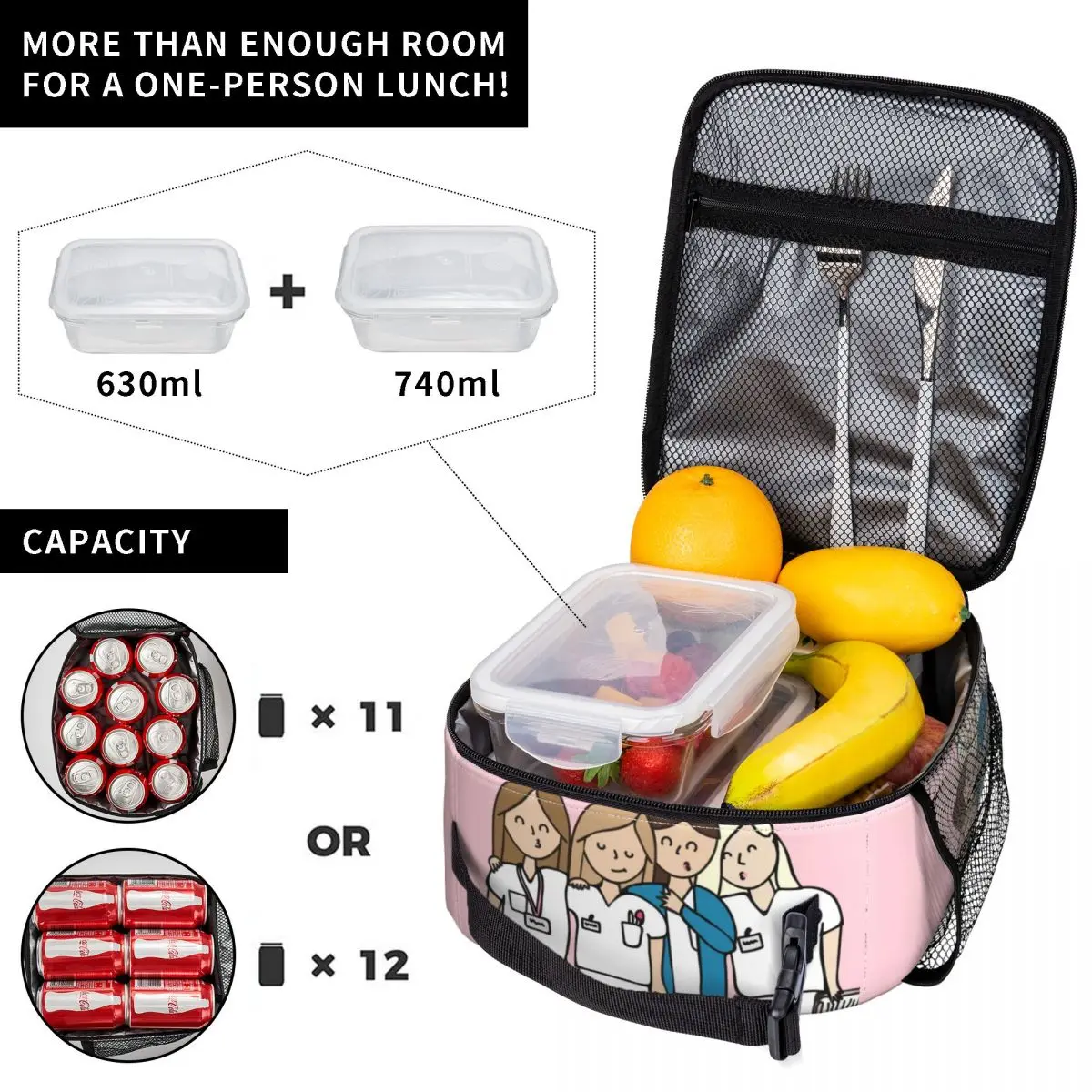 Verpleegsterpatroon Resuable Lunchbox Voor Vrouwen Waterdichte Verpleging Thermisch Koeler Voedsel Geïsoleerde Lunchtas School Kinderen Student