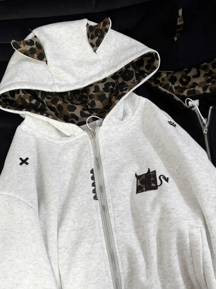 Herbst Winter Leopard Print Patchwork Mit Kapuze Sweatshirt Frauen Casual Lose Zipper Jacke Y2k Harajuku Mode Oberbekleidung Tops Neue
