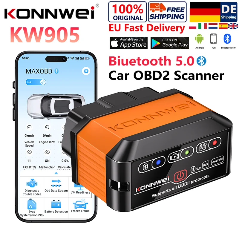 2026 KONNWEI KW905 Lecteur de Code Voiture Bluetooth 5.0 ELM327 Mini OBD2 pour Android/iOS Outil de Diagnostic Automobile OBDII