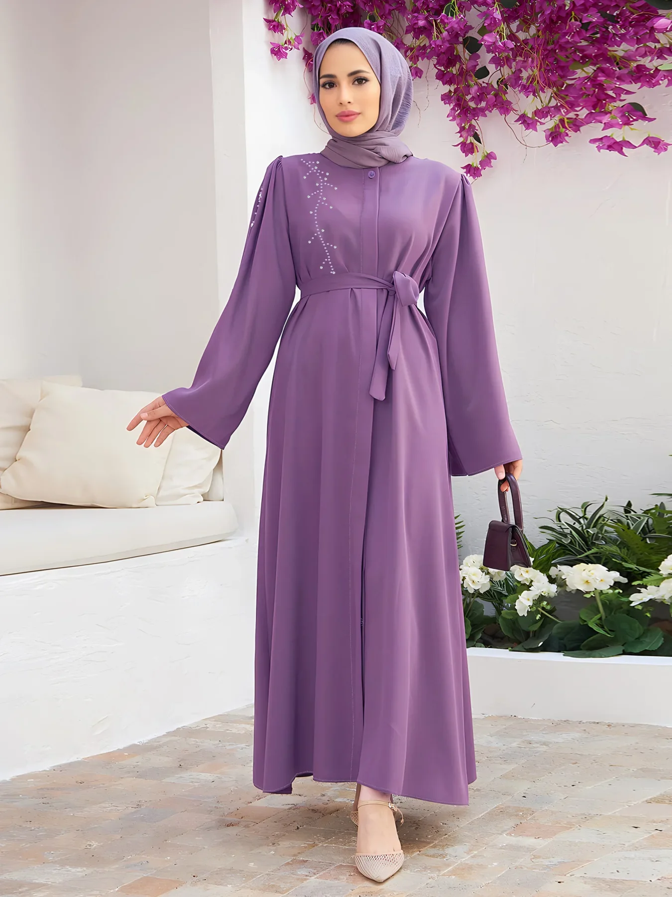 

Vintage Long Sleeve Muslim Dubai Turkey Abaya Hijab Dress Women Maxi Long Dress Casual Solid Button Eid Mubarek Ramadan Sundress
