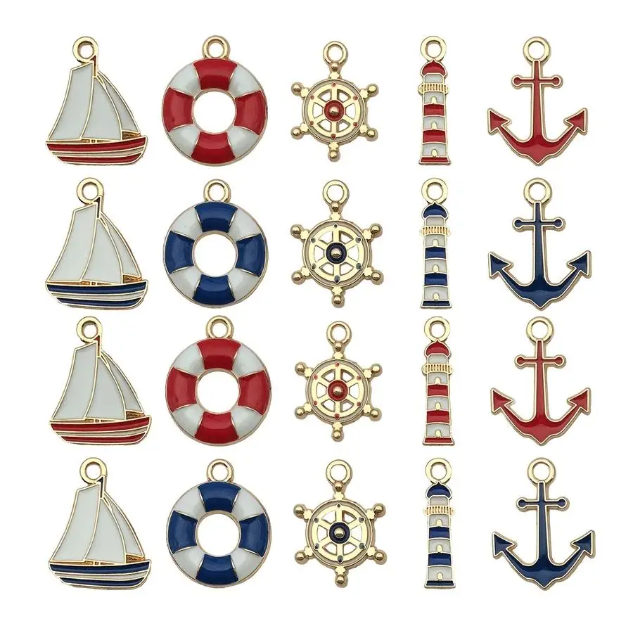 1/5/10/20/50/100pcs enamel nautical charm pieces, a lighthouse charm, an anchor, a buoy, and sail-shaped pendants for use in mak