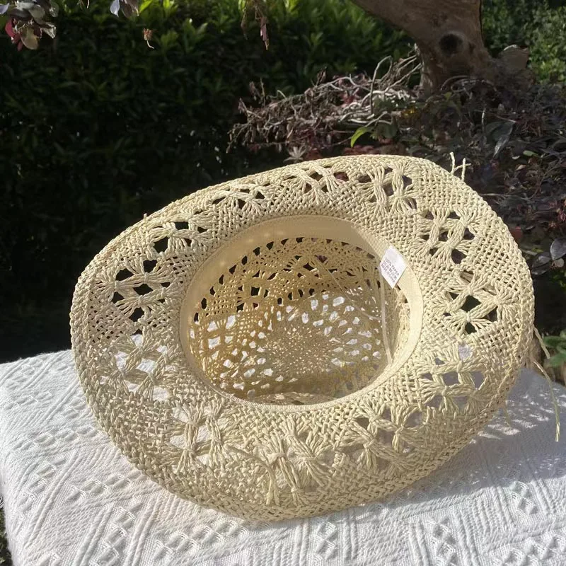 Sombrero de paja de vaquero occidental para mujer, sombrero de paja de ala grande al aire libre para fiesta a la moda, sombrilla de vaquero de