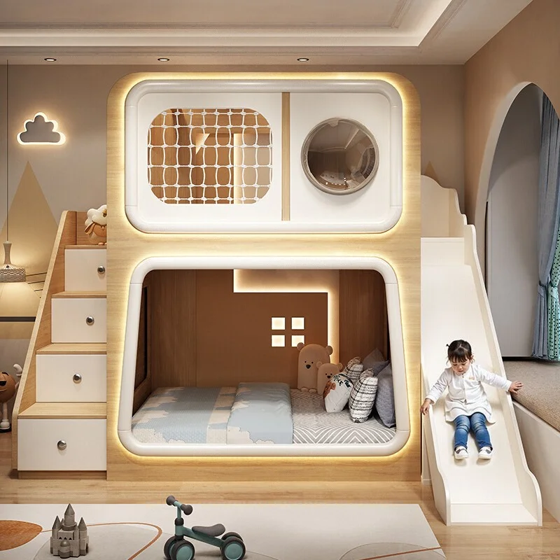 

Детская двухъярусная кровать-капсула: кровать-чердак, подходящая для взрослых и двуспальных кроватей, с элементами домика на дереве и горкой, с местом для хранения