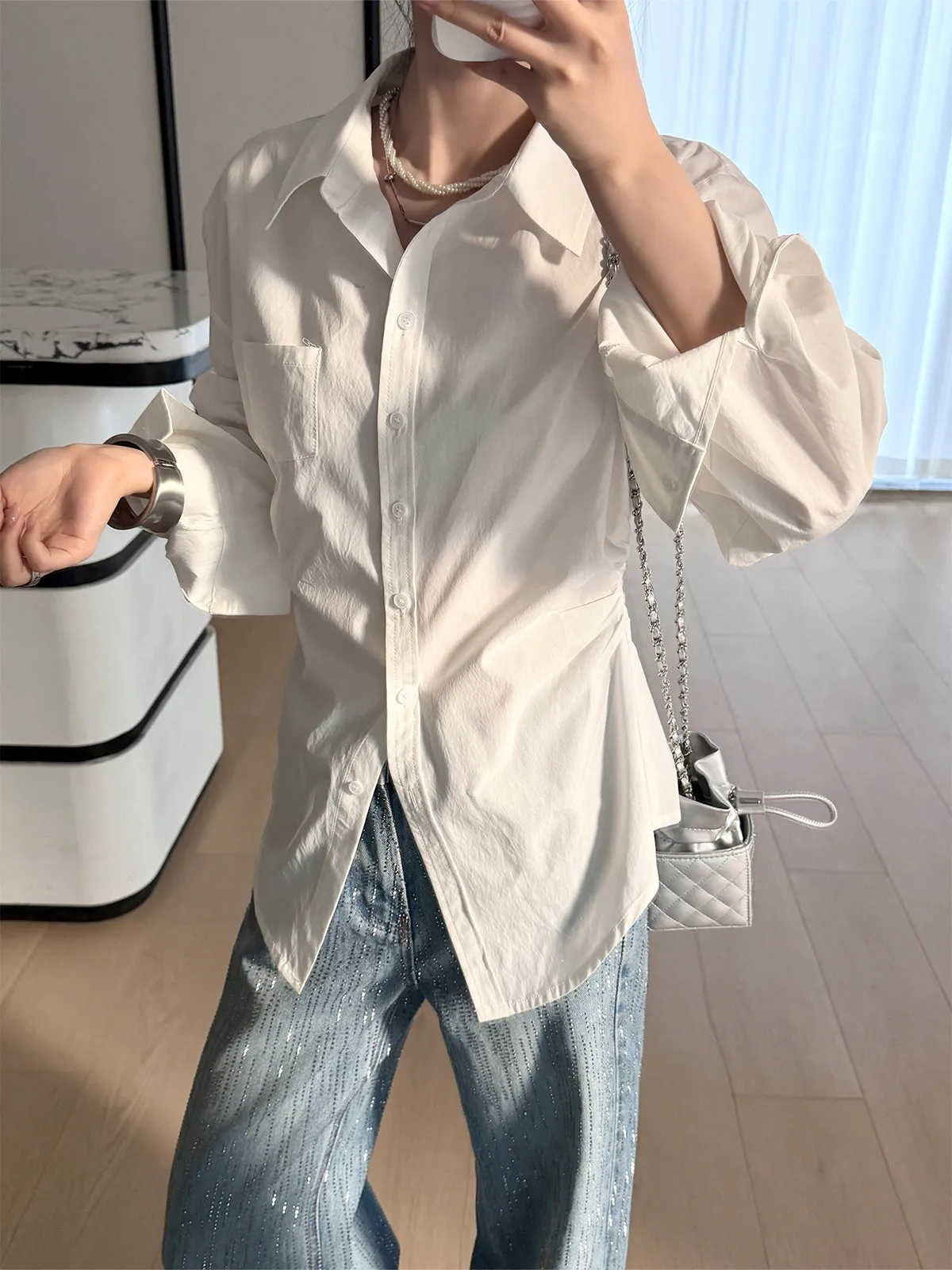 

PAPERLLL Women's irt Casual Sle Gathered Waist Small Collar Spring Commute Long Sve Casual Faion Chinese Brand