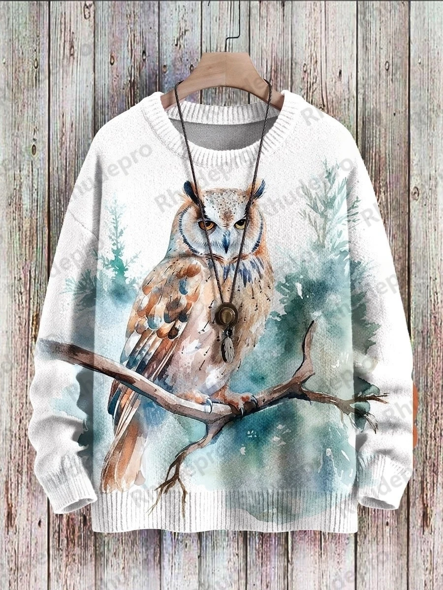 PLstar Cosmos Retro Funny Owl Art Pattern 3D Printed Men's Knitted Pullover Winter Unisex Casual Knit Pullover Sweater