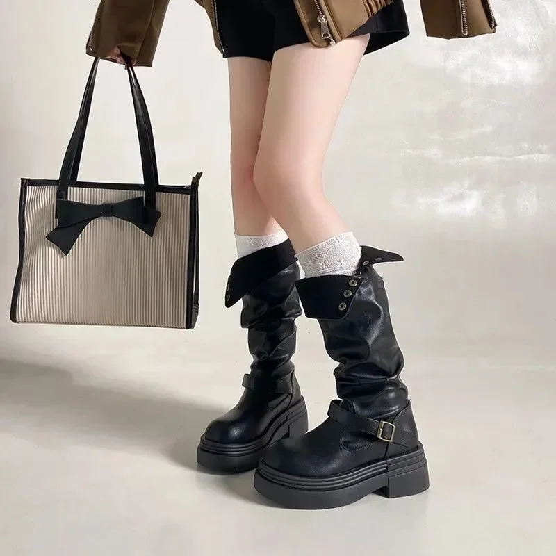 2026 Neue Damen-Overknee-Stiefel, klobige Plateau-Reiterstiefel, Frühling/Herbst, modisches Design mit zweifach faltbarer Manschette – Detail 2