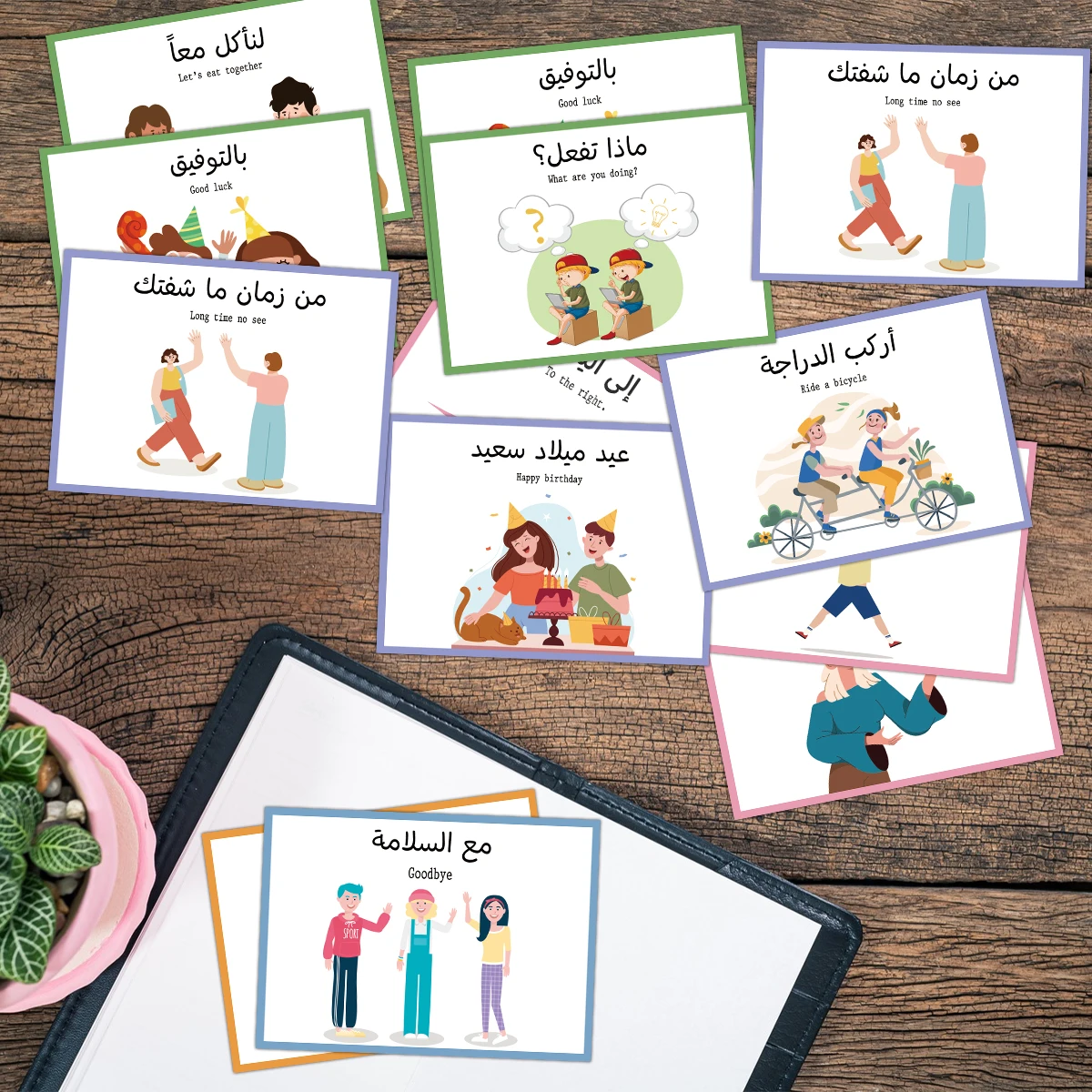 แฟลชการ์ดวลีสำคัญภาษาอาหรับ-อังกฤษ 60 ใบ สำหรับผู้เริ่มต้นเรียนภาษาอาหรับ ฝึกฝนที่บ้านและในห้องเรียน สร้างคำศัพท์ประจำวัน