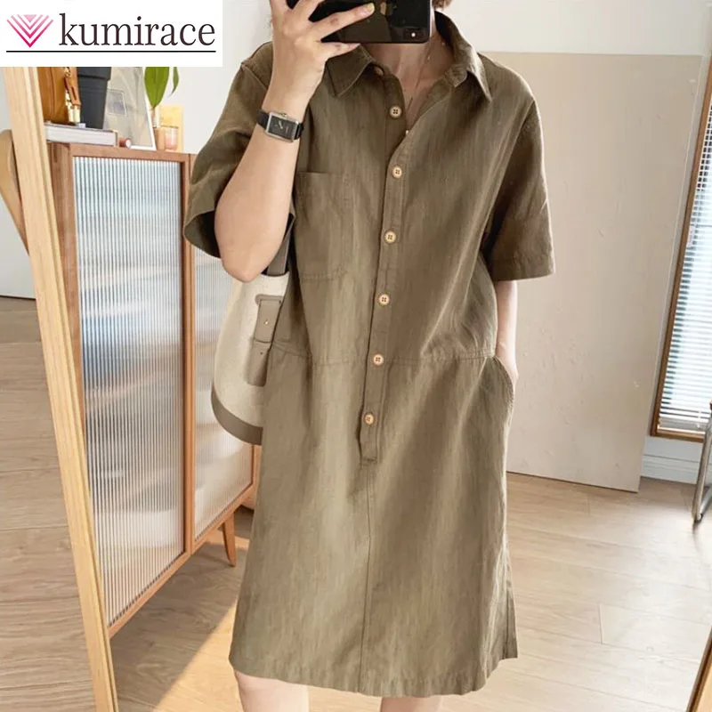 

2025 Spring and Autumn New Cotton and Hemp Women's Simple Style Casual Straight Collar Pullover Short Sleeve Dress short dresses