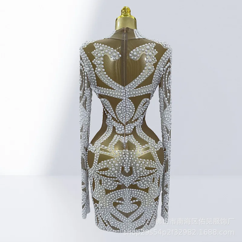 Luxury Hot Bead Perspective Mesh Semi-turtleneck Tight Super Short Dress Party Singer Performance Wear Cocktail Formal Mini Gown